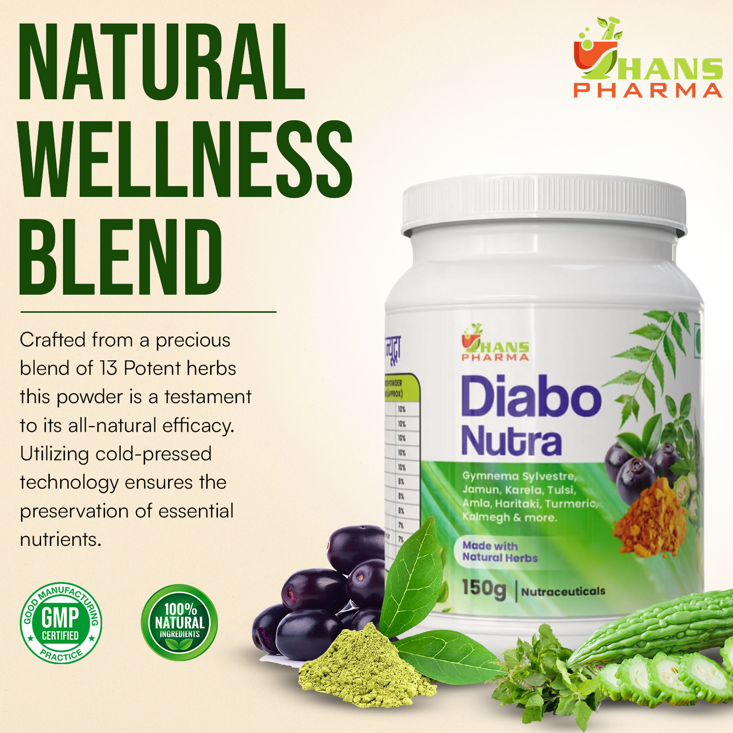 Hans Pharma Diabo Nutra Powder | Natural Diabetes Care Supplement | Supports Blood Sugar Balance | 100% Herbal | 150g