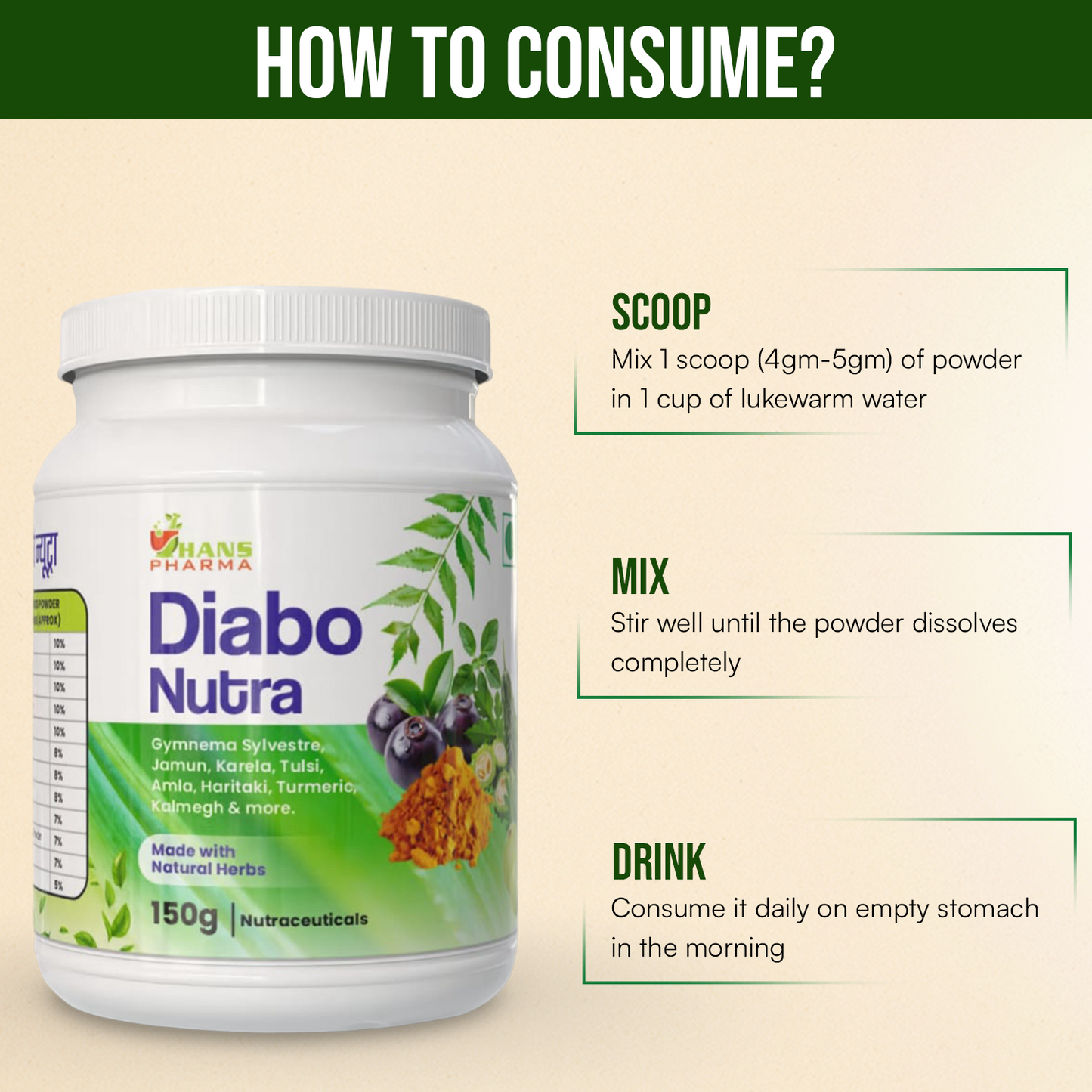 Hans Pharma Diabo Nutra Powder | Natural Diabetes Care Supplement | Supports Blood Sugar Balance | 100% Herbal | 150g