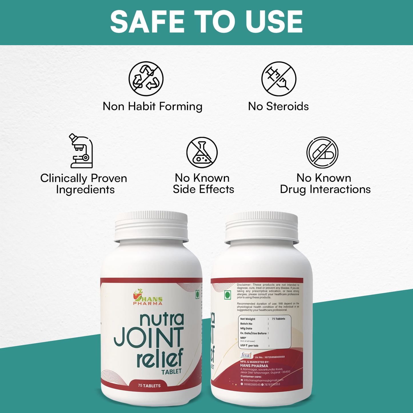 Hans Pharma Nutra Joint Relief Tablets, Natural Joint Pain Relief |Bone & Joint Wellness | Reduces pain and inflammation | 90 Tablets