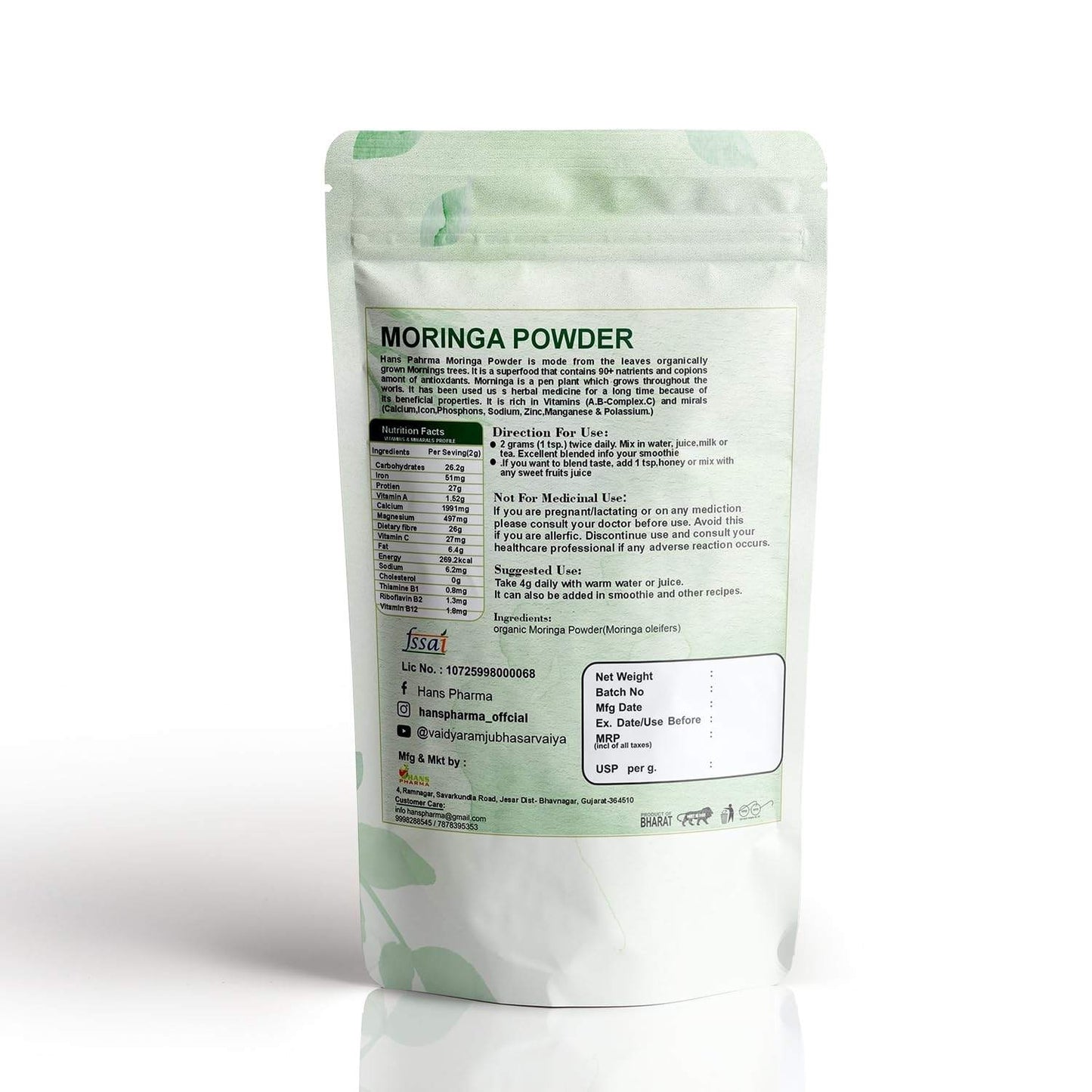 Hans Pharma Moringa Leaves Powder 100g – Natural Superfood for Energy, Immunity & Detox